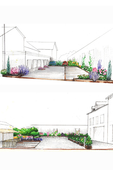 Conception d'une cour d'immeuble: cration de places de stationnements et plantation de haies.