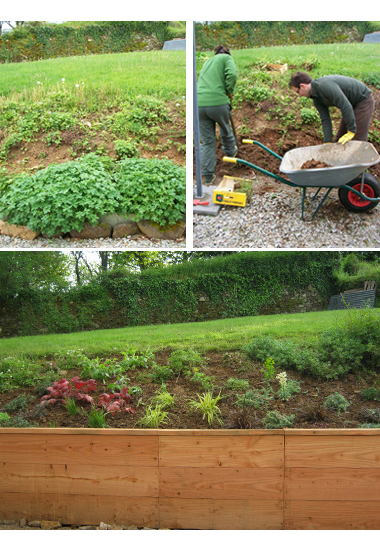 Construction d'un muret de soutnement en bois et plantations.