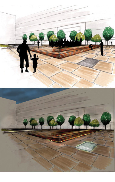 Conception de mobilier urbain: plateforme en chtaignier  la fois assises, lieu de passage, support  la vgtation, luminaire, terrasse de restaurant et scne de spectacle.