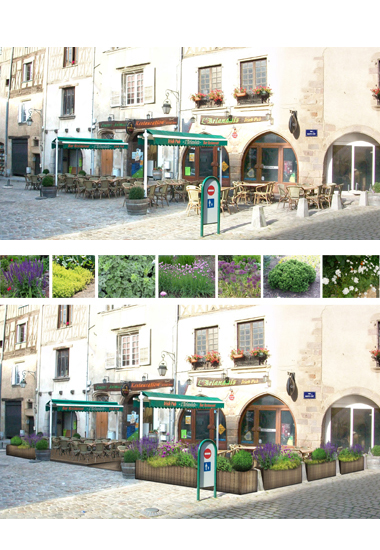 Conception d'une terrasse de bar-brasserie :<br/> photo existant / Photomontage projet.