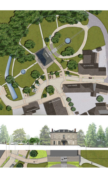 Conception du parvis et des amnagements extrieurs autour de la mairie : voirie, cheminements pitons, plantations.