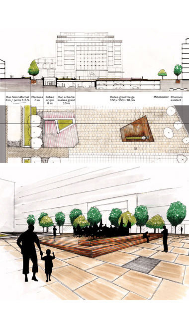 Proposition de ramnagement de la place de la Rpublique  Limoges: cration de mobilier urbain  la fois assise, terrasse de restaurant, scne, lieu de passage, luminaire, support de plantation.