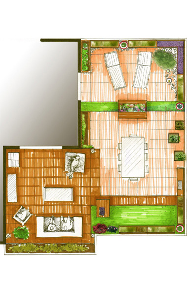Conception d'un toit-terrasse compos d'une partie salon, une partie cuisine d't et d'un bain de soleil.