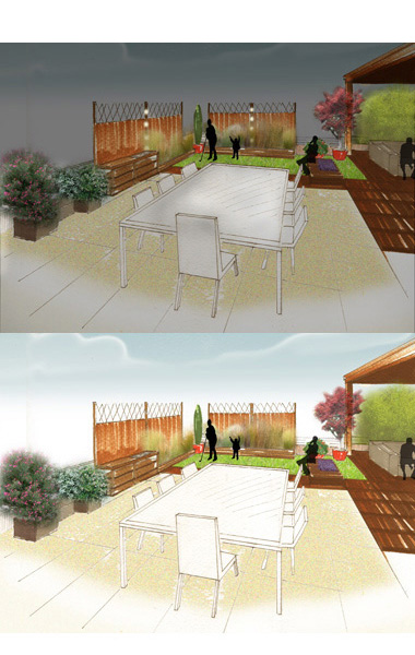 Conception d'un toit-terrasse compos d'une partie salon, une partie cuisine d't et d'un bain de soleil.